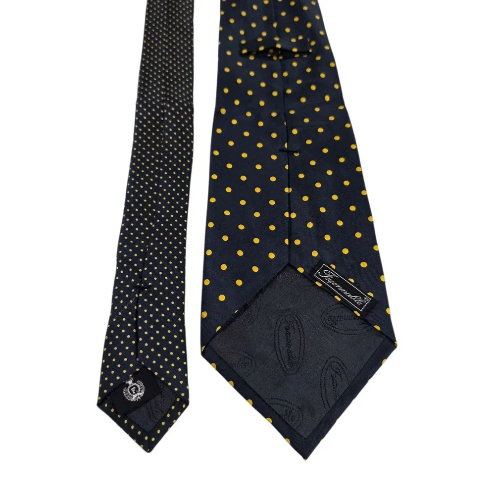 Faconnable Silk Polka Dot Necktie Navy‎ Blue Yellow Handmade Made in France